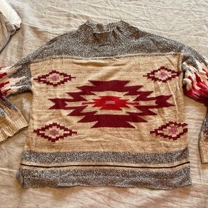 NIC+ZOE Women's Gray Red Pink Aztec Sweater Size Xl Boho Southwestern